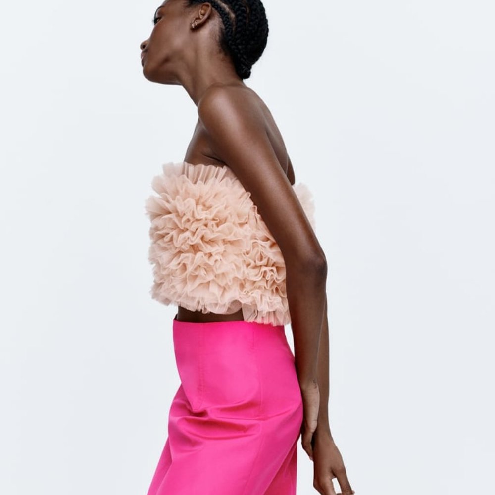 ZARA NEW - PINK KNIT STRAPLESS TOP WITH TULLE